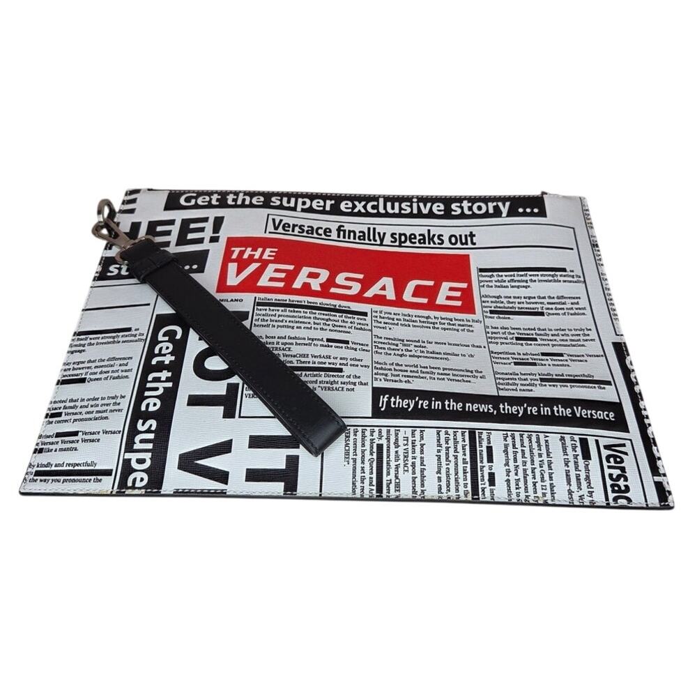 Versace Tabloid Print Saffiano Leather Wristlet Pouch Clutch - Picture 2 of 7